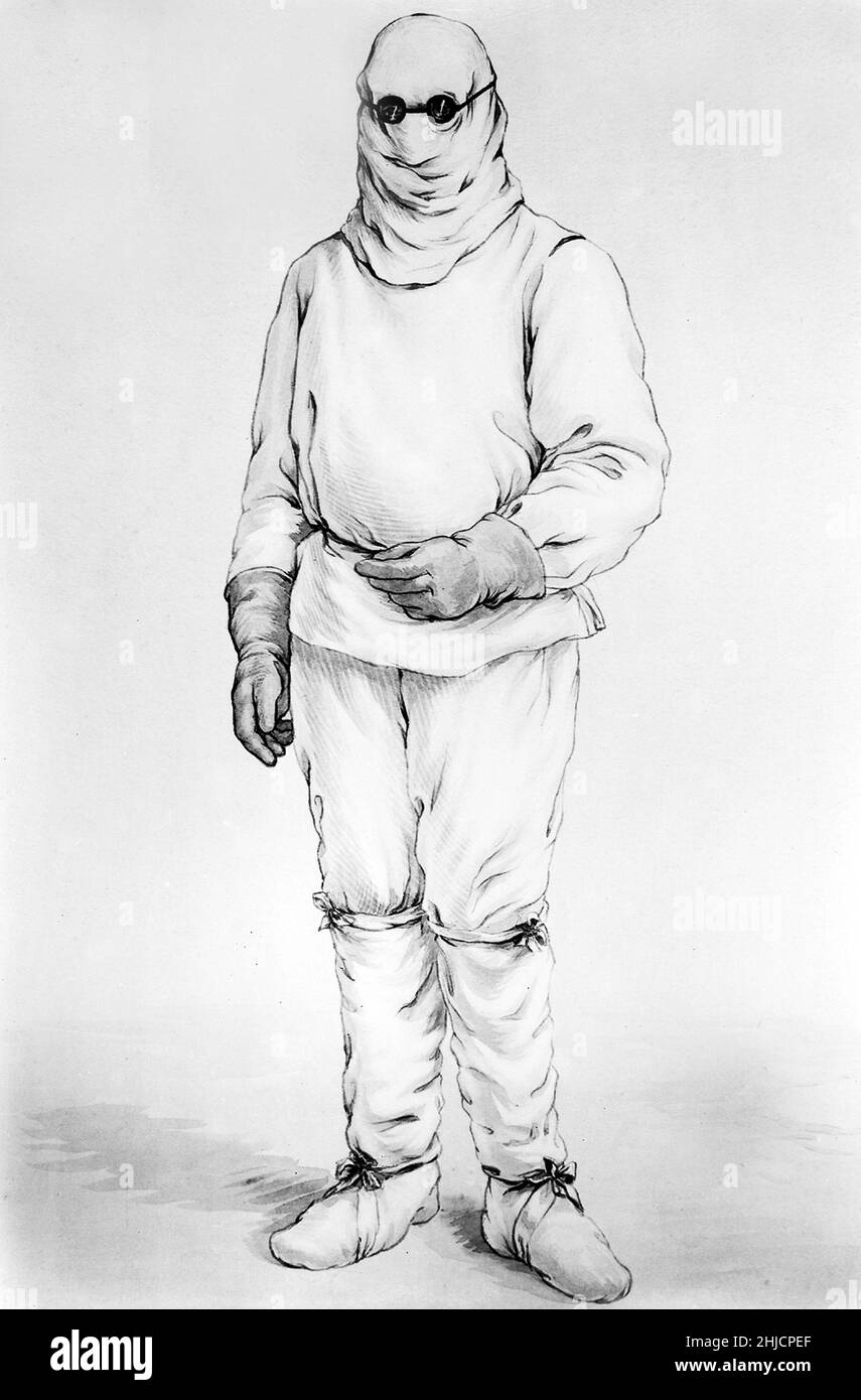 Costume de protection des médecins utilisé lors d'une épidémie de peste pneumonique, Manchuria, 1910-1911.La peste pneumonique, un type grave d'infection pulmonaire, est l'une des trois principales formes de peste, toutes causées par la bactérie Yersinia pestis.Il est plus virulent et rare que la peste bubonique.La différence entre les versions de la peste est simplement l'emplacement de l'infection dans le corps; la peste bubonique est une infection du système lymphatique, la peste pneumonique est une infection du système respiratoire, et la peste septicémique est une infection dans le flux sanguin. Banque D'Images