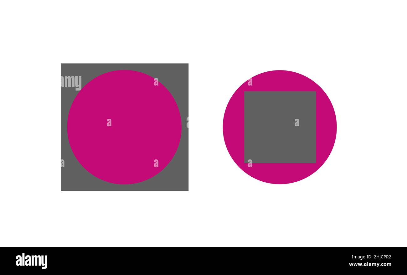 Illusion optique circulaire et carrée.Les deux cercles ont la même taille, mais celui à l'intérieur du carré apparaît plus grand.C'est une variation sur l'illusion de Delboeuf.Le cerveau est affecté par la proximité l'un de l'autre - c'est ce qu'on appelle l'assimilation. Banque D'Images