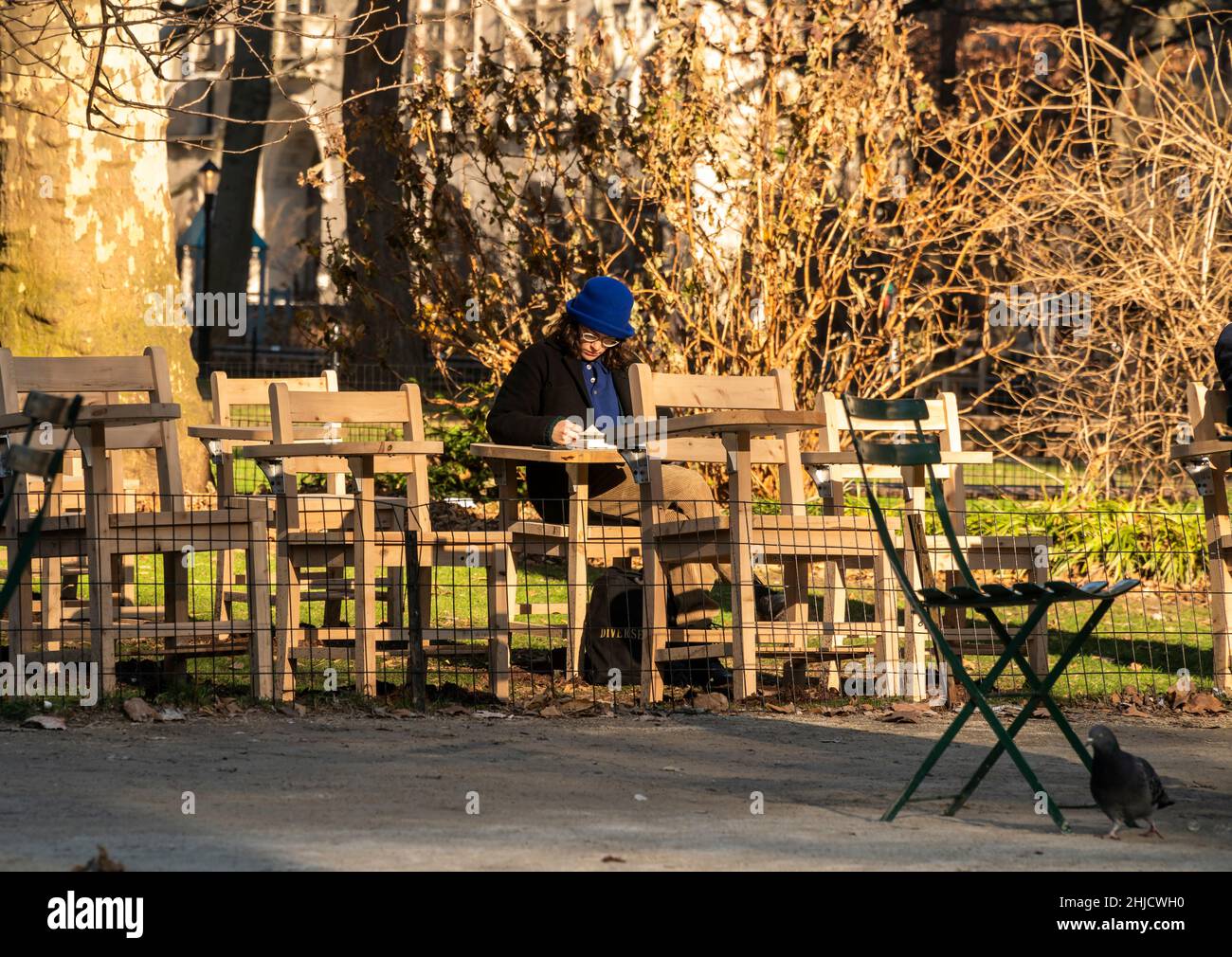 Les gens sont assis dans la version sans branches de “BrierPatch” par l'artiste Hugh Hayden sur une pelouse à Madison Square Park à New York le mercredi 20 janvier 2022.Une centaine de bureaux d'école avec branches d'arbre émergent sont construits dans un modèle de grille référençant un patch de brier, qui est protecteur et dangereux en même temps.L'œuvre d'art publique sera en vue jusqu'au 24 avril 2022.(© Richard B. Levine) Banque D'Images
