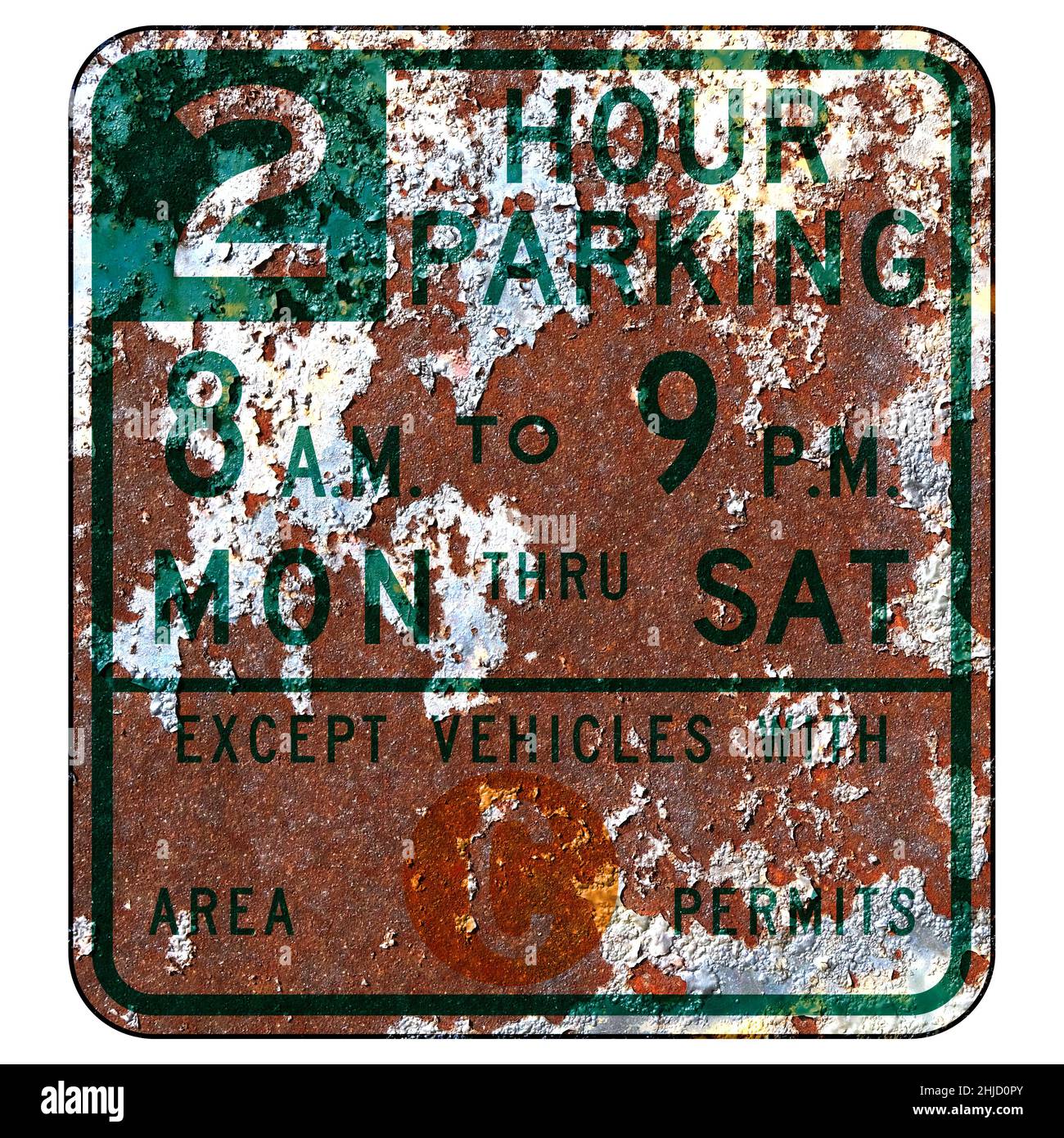 Panneau Old Rusty American Road - parking avec restrictions de temps et de permis, San Francisco Banque D'Images