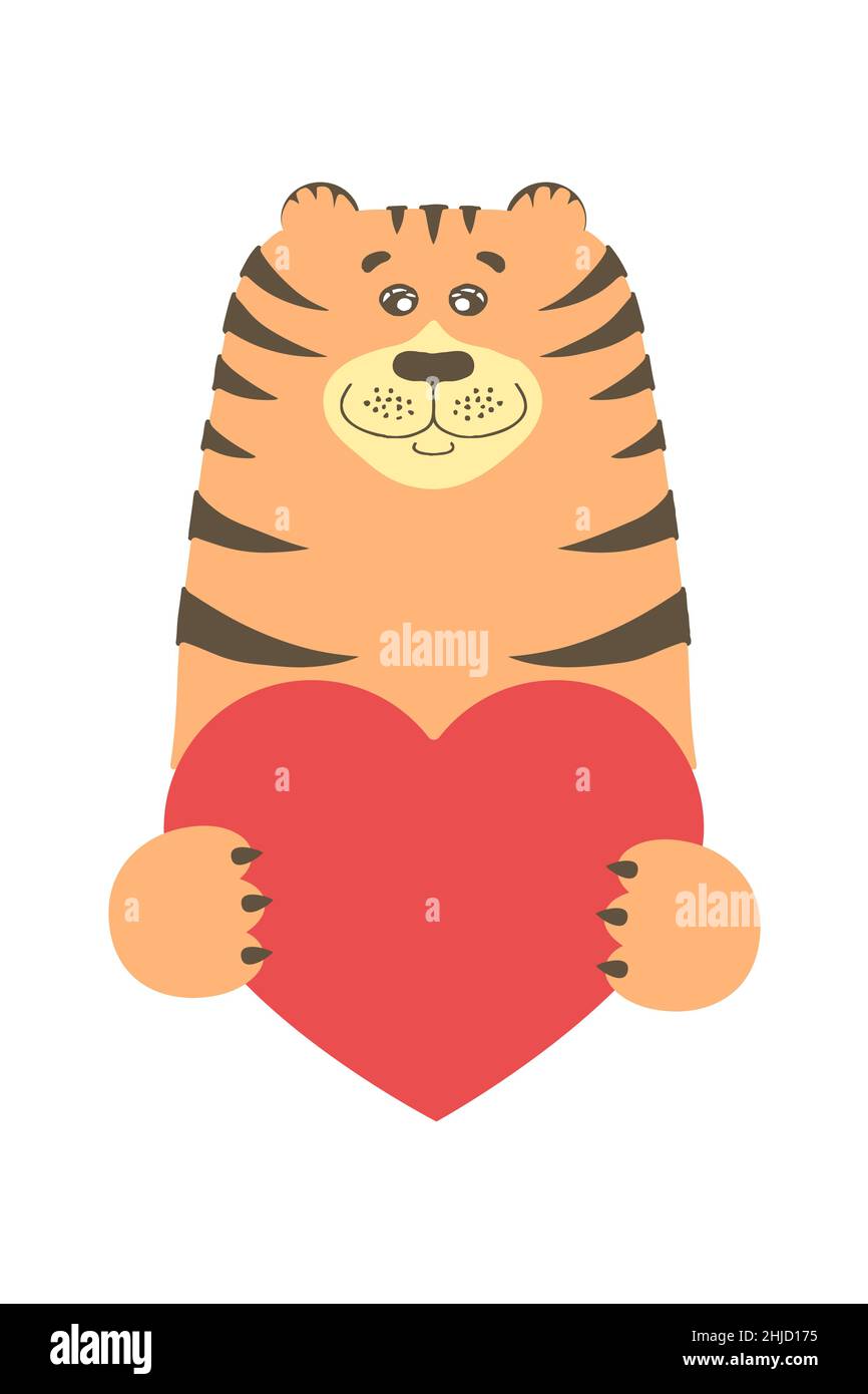 Joli chat tigre de dessin animé tenant une enseigne de coeur avec espace de copie. Mettre en place carte de vœux de Saint-Valentin bannière invitation brochure circulaire. Dessin animé à la main style.Petits animaux animaux animaux de compagnie dans l'amour, déclaration d'amour. Illustration de Vecteur