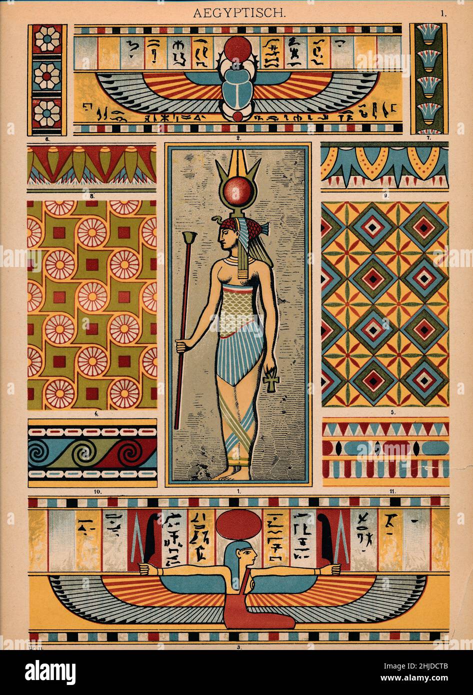 Ensemble de 11 modèles égyptiens, motifs et symboles de peinture et de sculpture, culture égyptienne, disque de soleil ailé ornamentenschatz Banque D'Images