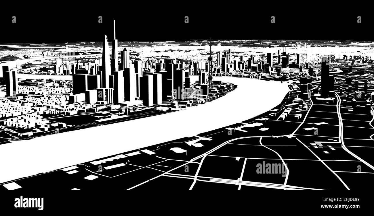 Vue satellite de Shanghai, plan de la ville avec maison et bâtiment.Silhouette, noir et blanc.Gratte-ciel.Chine.République populaire de Chine Banque D'Images