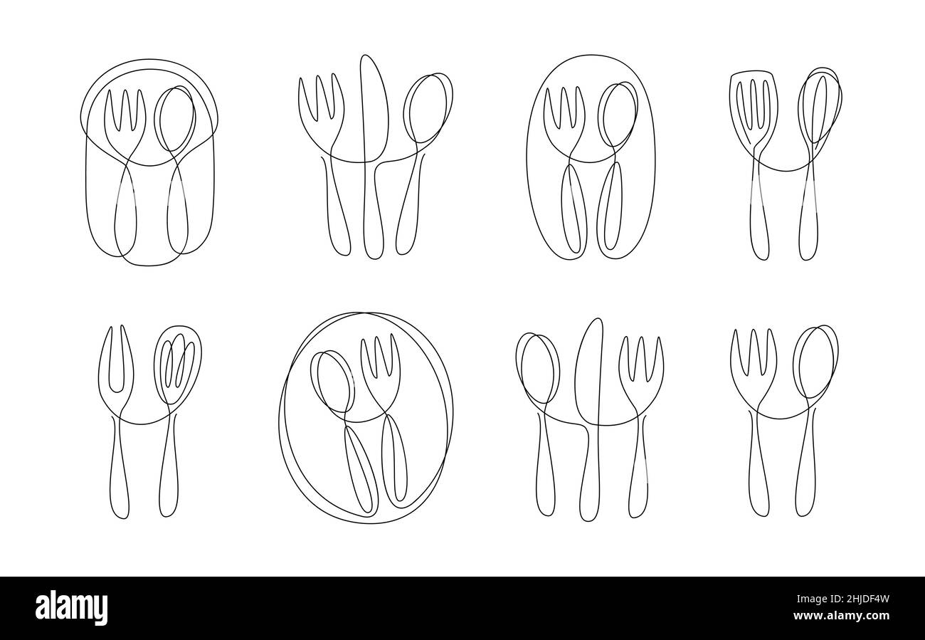 Dessin vectoriel de la ligne du logo de la cuillère et de la fourchette de restaurant.Style linéaire simple et minimaliste moderne.Illustration de la cuisson Illustration de Vecteur