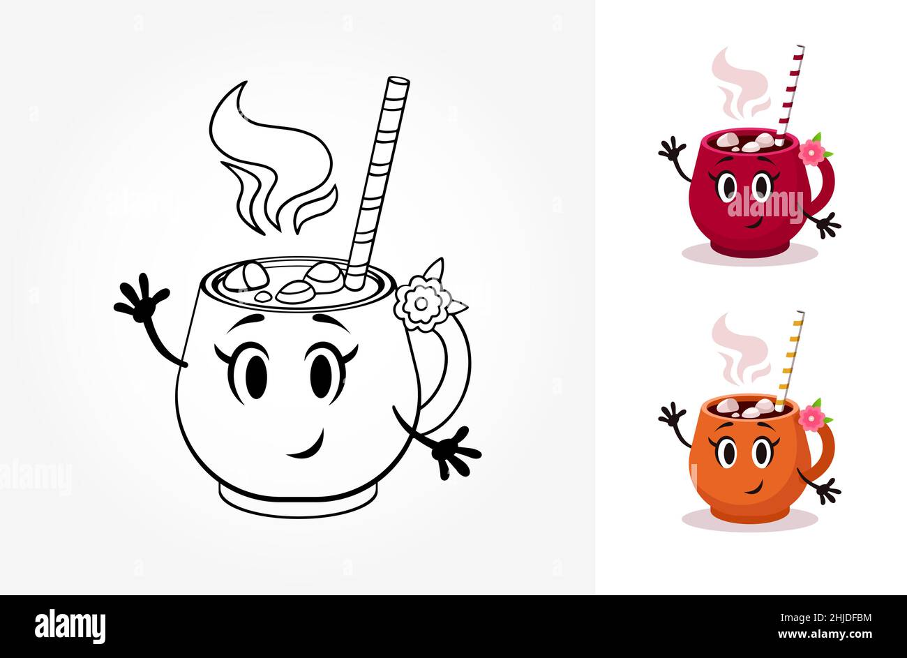 Livre de coloriage de tasse de dessin animé vectoriel.Illustration du contour avec boisson chaude et guimauve.Variations de couleur Illustration de Vecteur
