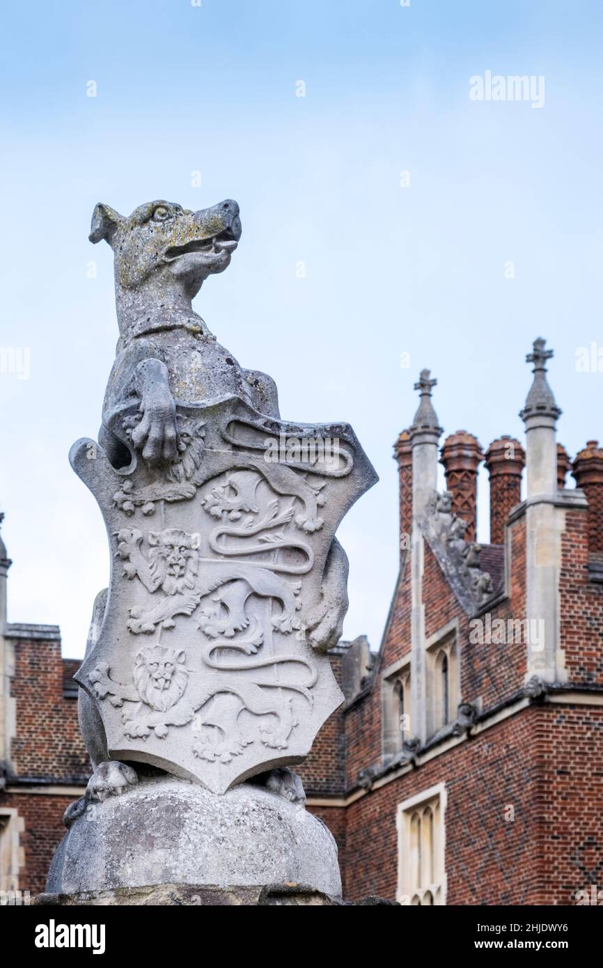 Palais de Hampton court.Cynodrome blanc de Richmond (l'un des bêtes de la Reine); bouclier orné de 3 lions - symbolique des Tudors et d'Henry VI Banque D'Images