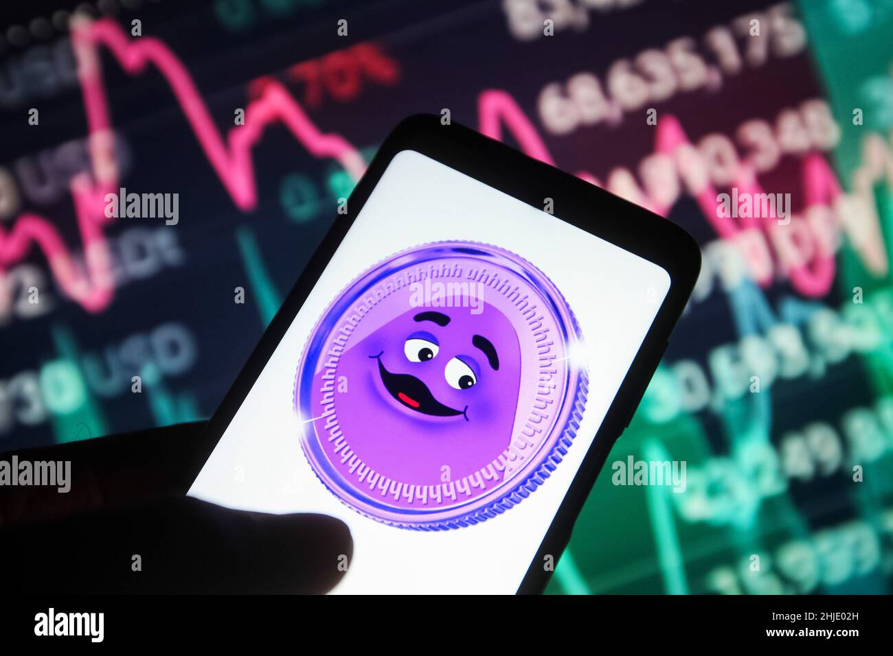 Ukraine.28th janvier 2022.Dans cette illustration, le logo Grimace coin (GRIM) est visible sur un smartphone.(Photo de Pavlo Gonchar/SOPA Images/Sipa USA) crédit: SIPA USA/Alay Live News Banque D'Images