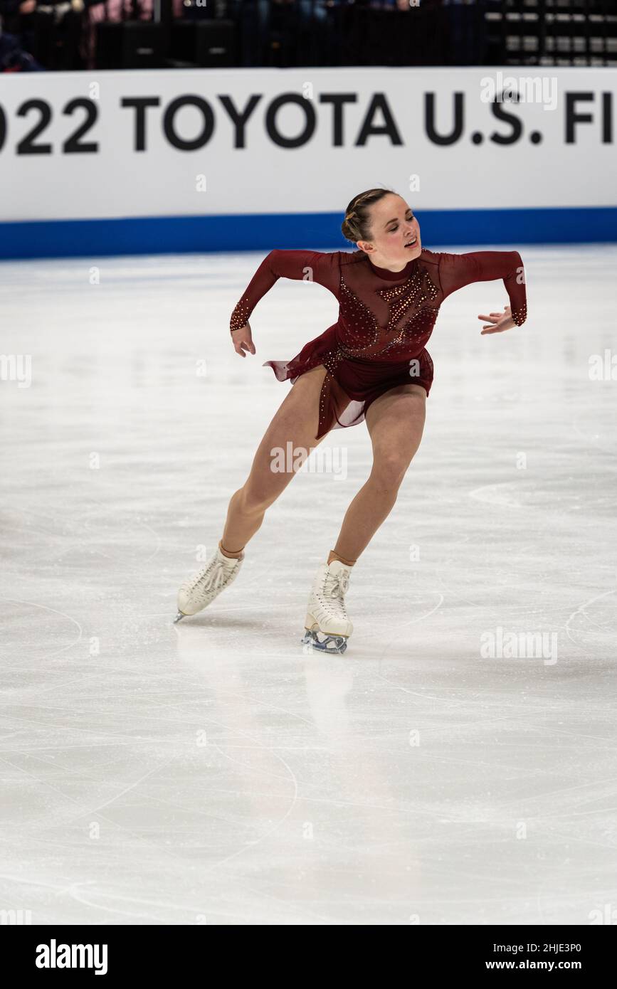 Mariah Bell est en compétition avec le skate gratuit qui l'a aidé à remporter la médaille d'or aux championnats nationaux de patinage artistique des États-Unis. Banque D'Images