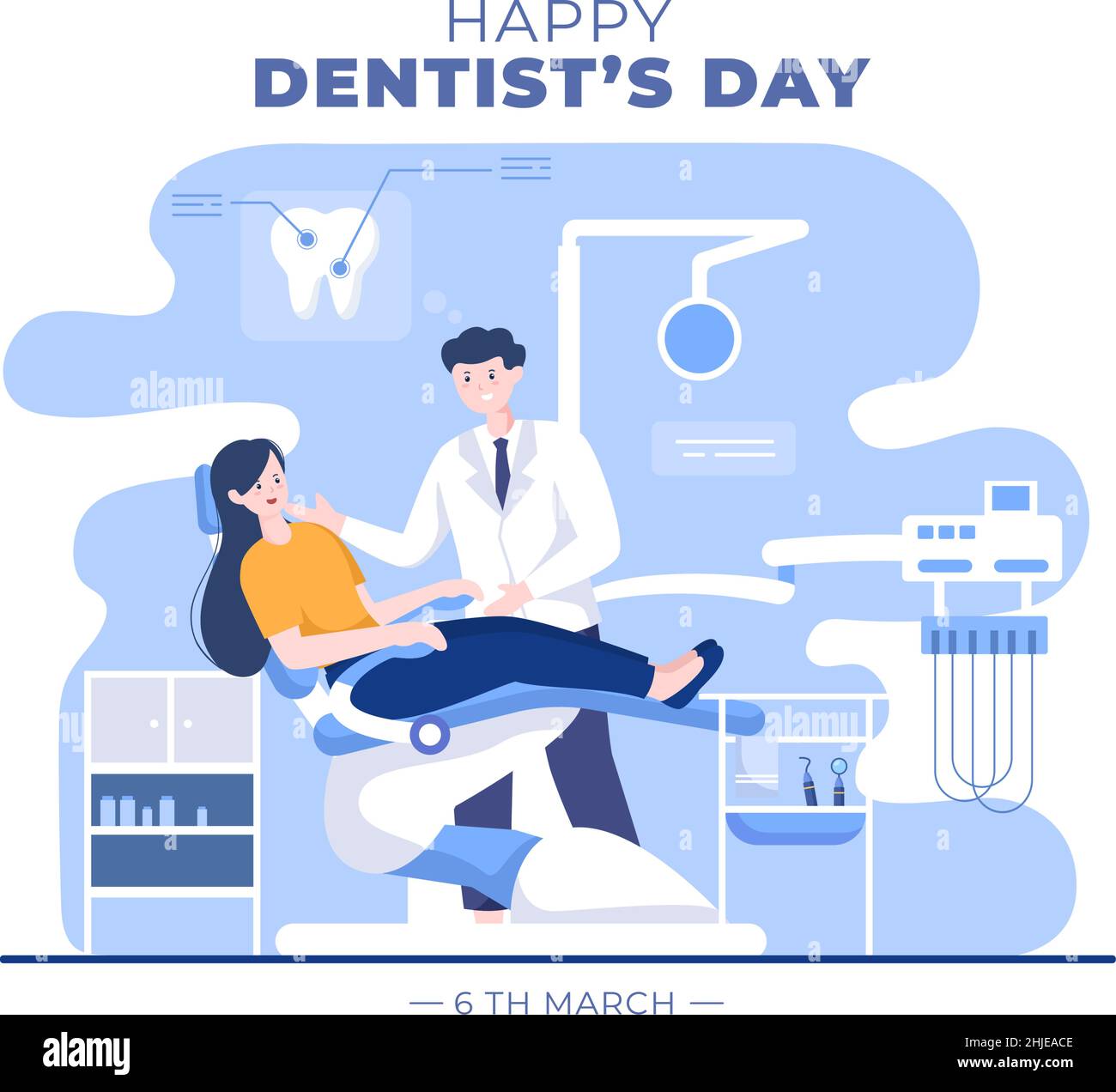 Journée mondiale du dentiste avec dentisterie et patient en fauteuil en dessin animé Illustration d'arrière-plan adaptée à une affiche ou une bannière Illustration de Vecteur