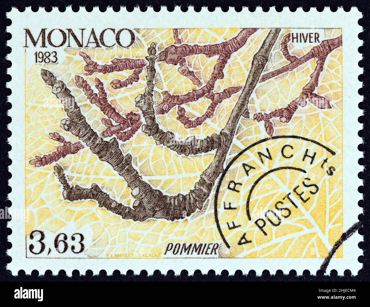MONACO - VERS 1983 : un timbre imprimé à Monaco dans le numéro « les quatre saisons de l'Apple Tree » montre l'hiver, vers 1983. Banque D'Images