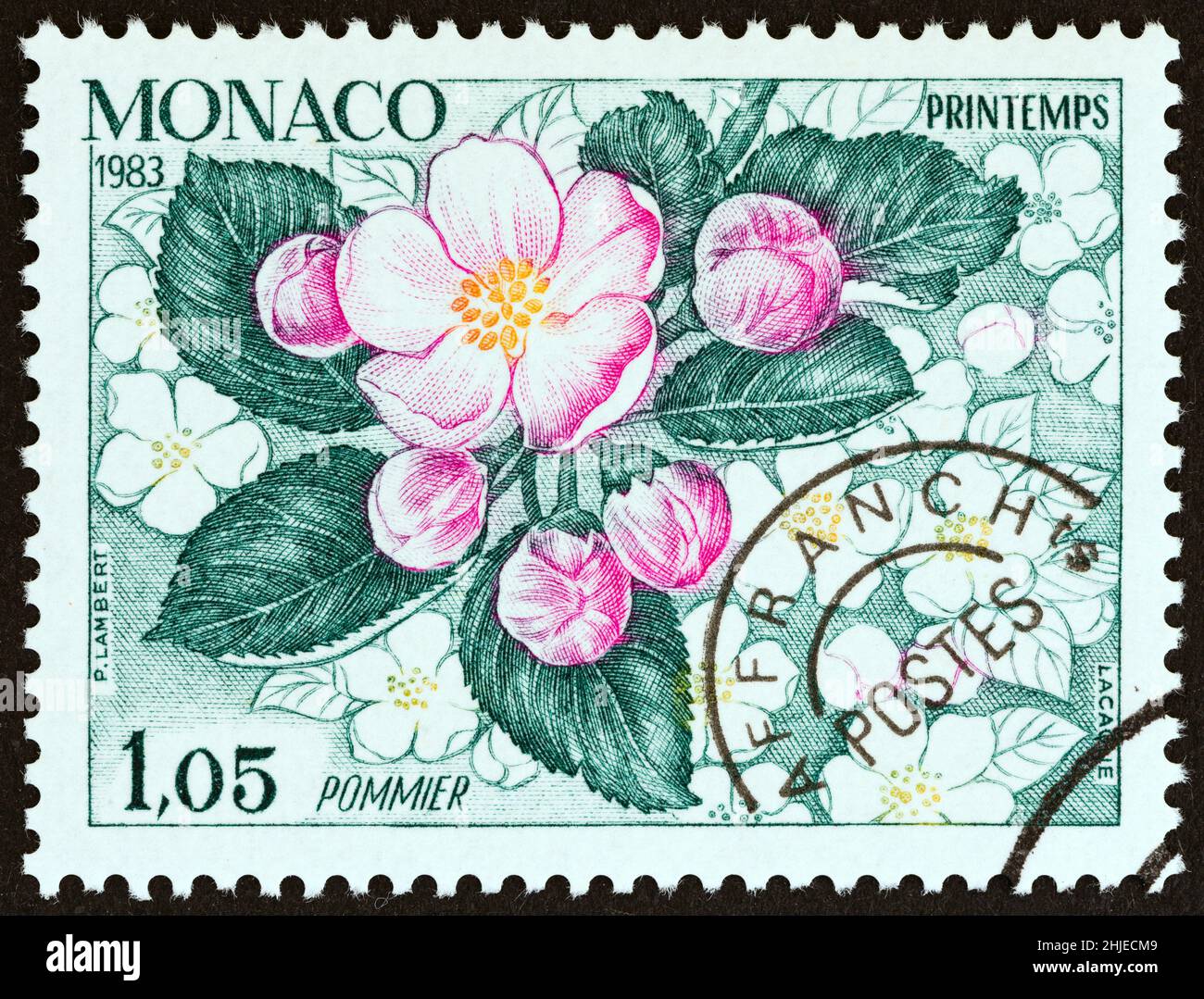 MONACO - VERS 1983 : un timbre imprimé à Monaco du numéro « les quatre saisons de l'Apple Tree » indique le printemps, vers 1983. Banque D'Images