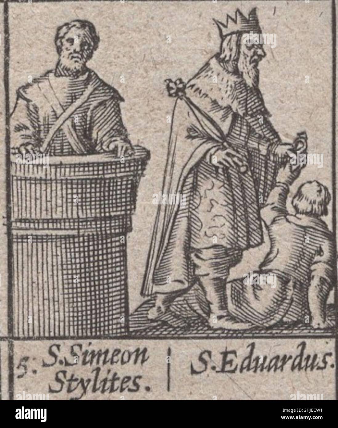 incesable, 15th siècle, médiéval, saints, saint,religieux, dévotionnel, sacré, taillé, gravé,gravure, janvier, mois, calendrier, catholique,rare, renaissance, illustré, détaillé, protecteur,protecteurs, imprimés, impression, latin, histoire,historique, original, prier, catholique romaine, est,orthodoxe, église, répressions, pape, prêtres,moines, rois, reclus, ermite, passion,laïc, symbole, spirituel, sainteté, art,Artisanal, art, artisanat, incunabula, Saint Simeon Stylites et Saint Eduardus / Simeon Stylites et Saint Edward le confesseur Banque D'Images