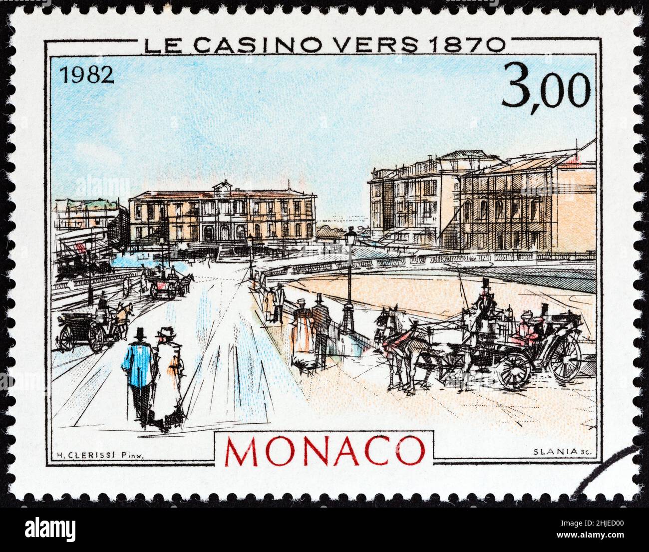 MONACO - VERS 1982 : un timbre imprimé à Monaco du 'Monaco en Belle Epoque. Tableaux de Hubert Clerissi, le numéro montre Casino, 1870. Banque D'Images