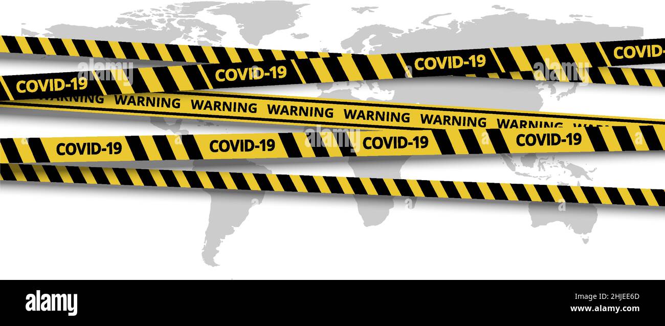 Bandes de quarantaine.Panneau d'avertissement Cordone Covid-19.Ligne de zone de danger noire et jaune avec ombre sur l'arrière-plan de la carte du monde.Brosses incluses. Illustration de Vecteur