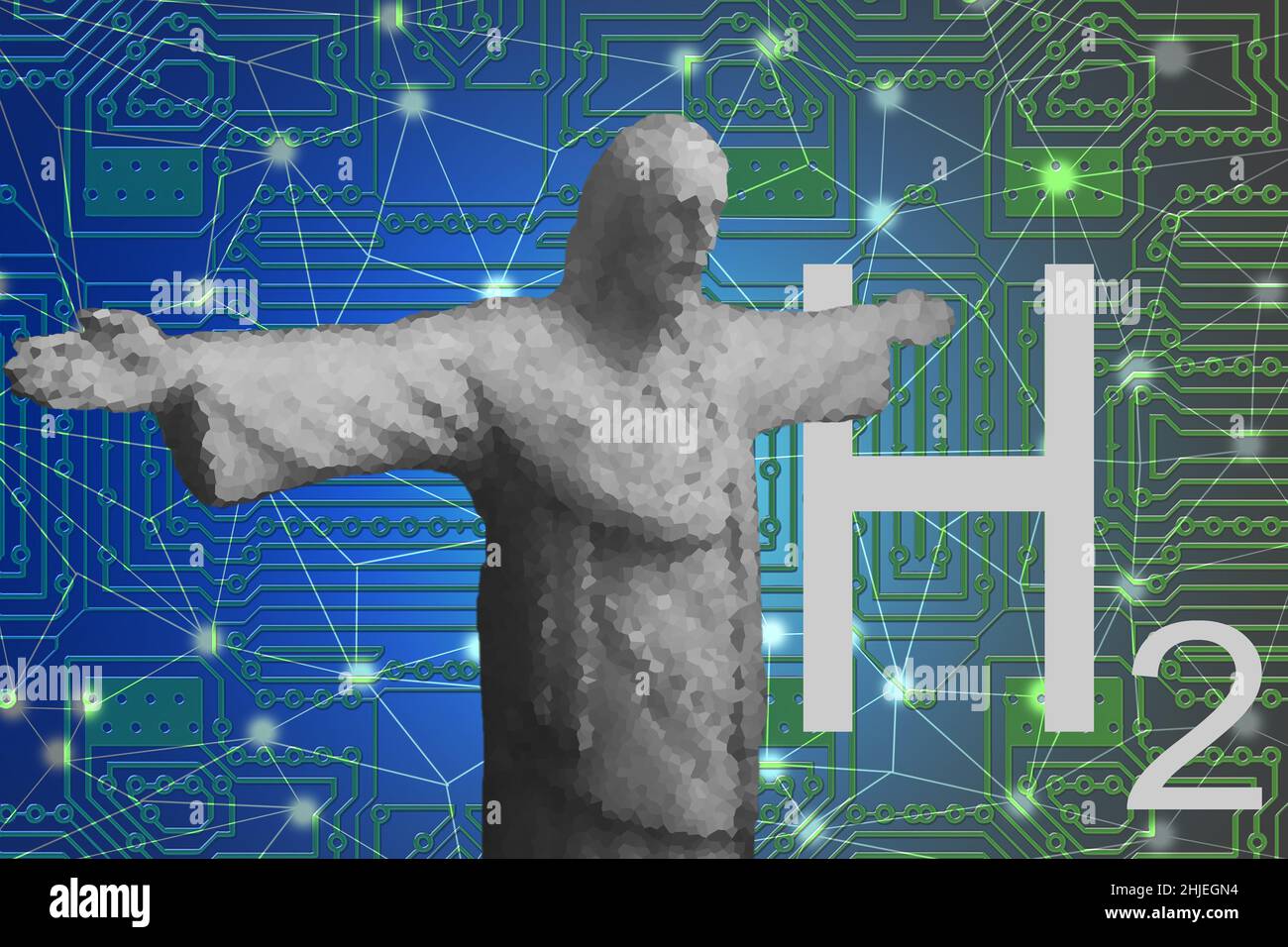 statue de jésus gris avec un effet de facette avec h2 énergie d'hydrogène et un fond de réseau Banque D'Images