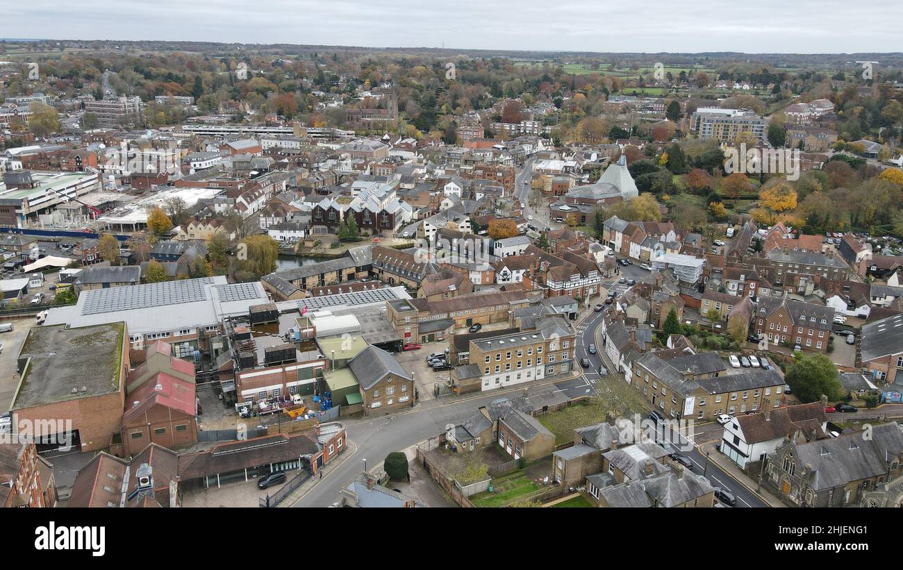 Hertford , centre ville Hertfordshire Royaume-Uni vue aérienne de drone de ville Banque D'Images