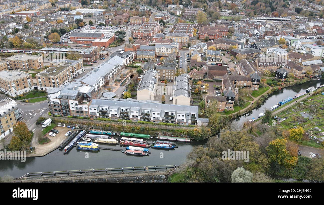 Hertford , centre ville Hertfordshire Royaume-Uni vue aérienne de drone de ville Banque D'Images