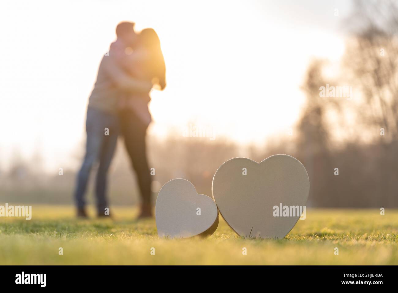Un jeune couple embrasse deux formes de coeur dans un parc le jour de la Saint-Valentin Banque D'Images
