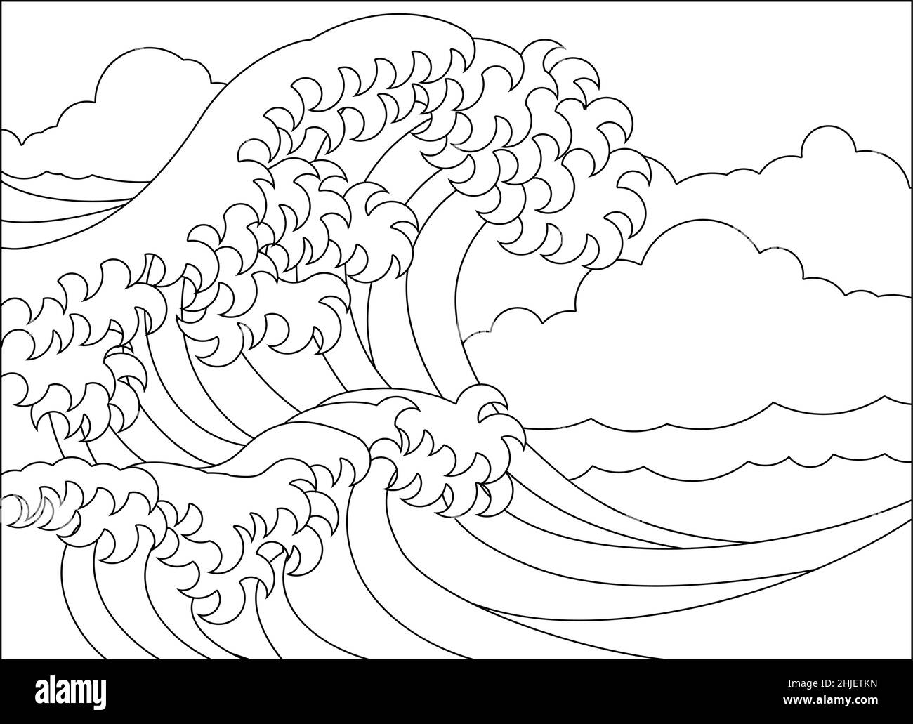 Une page de livre de coloriage à contour de la Grande vague japonaise