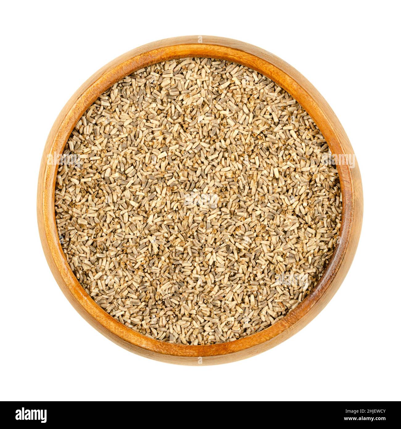 Graines de chicorée communes, dans un bol en bois.Cichorium intybus, plante de la famille des Asteraceae, aux fleurs bleues.Graines pour la culture de microverts. Banque D'Images