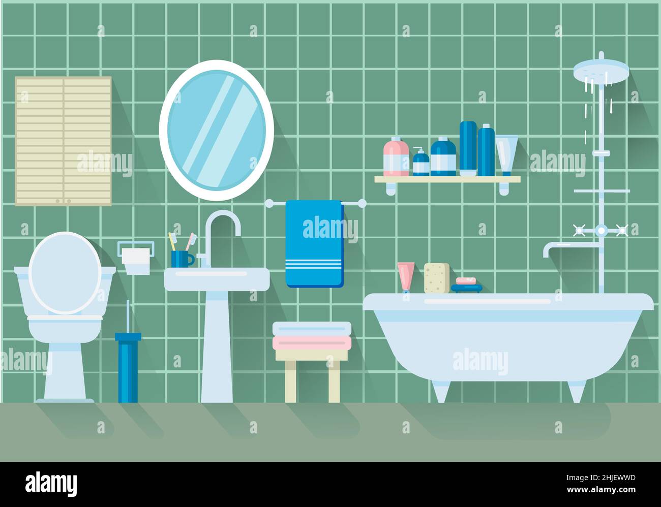Salle de bains avec meubles et ombres longues.Illustration vectorielle de style plat. Illustration de Vecteur