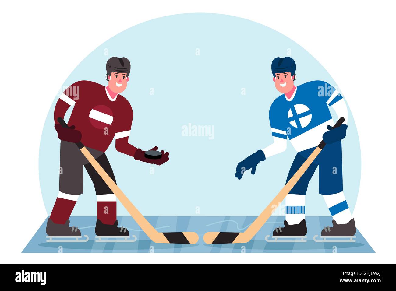 Joueurs de hockey sur glace.Concurrence entre la Lettonie et la Finlande.Illustration vectorielle dans un style plat. Illustration de Vecteur