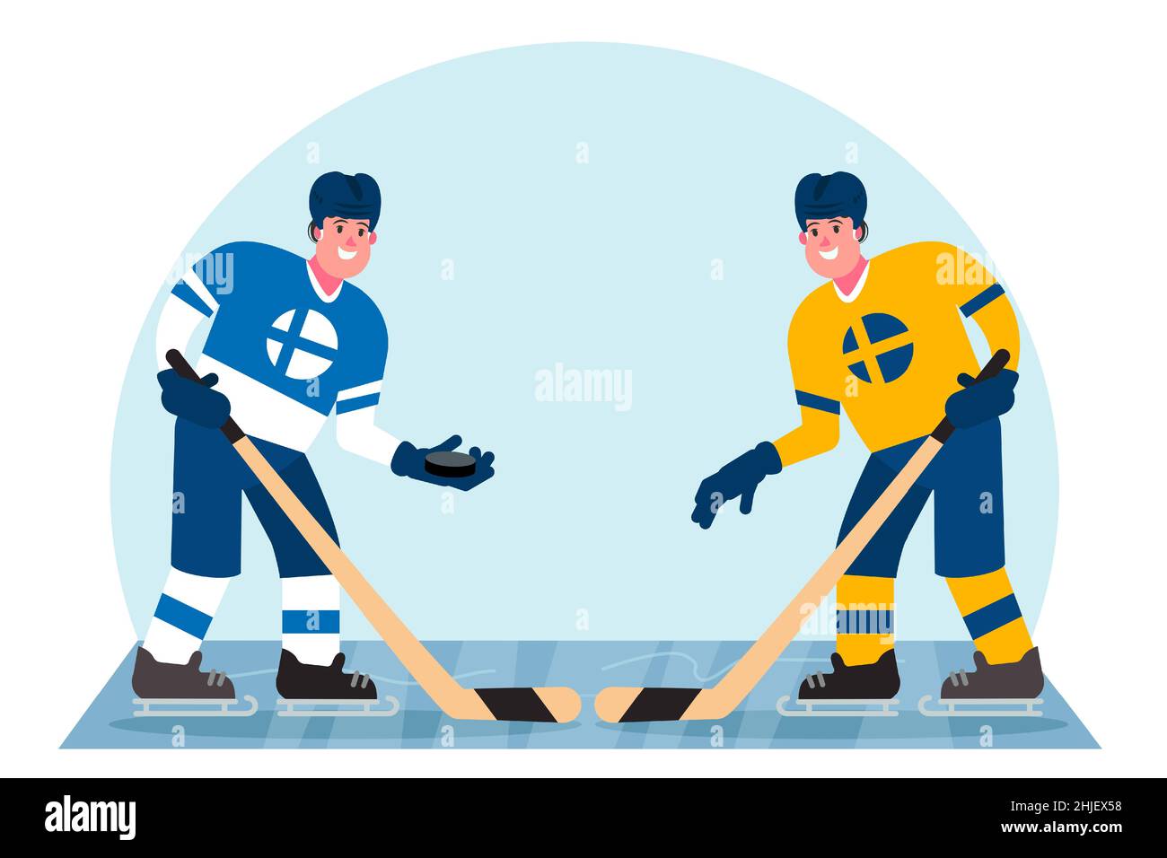 Joueurs de hockey sur glace.Concurrence entre la Finlande et la Suède.Illustration vectorielle dans un style plat. Illustration de Vecteur