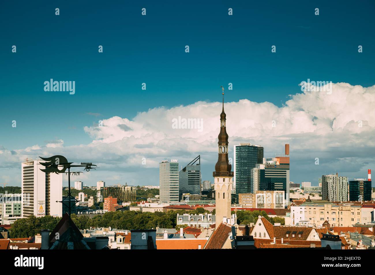 Tallinn, Estonie. Tour de l'hôtel de ville en arrière-plan avec gratte-ciels urbains modernes. Architecture du centre-ville. Patrimoine mondial de l'UNESCO Banque D'Images