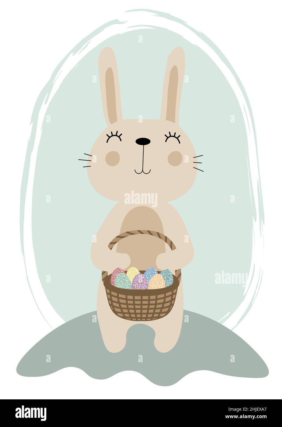 Illustration vectorielle d'un joli lapin avec un panier d'œufs de Pâques.Texte de voeux joyeuses Pâques.Conception pour le Web, le site, la bannière, l'affiche, la carte,impression papier Illustration de Vecteur