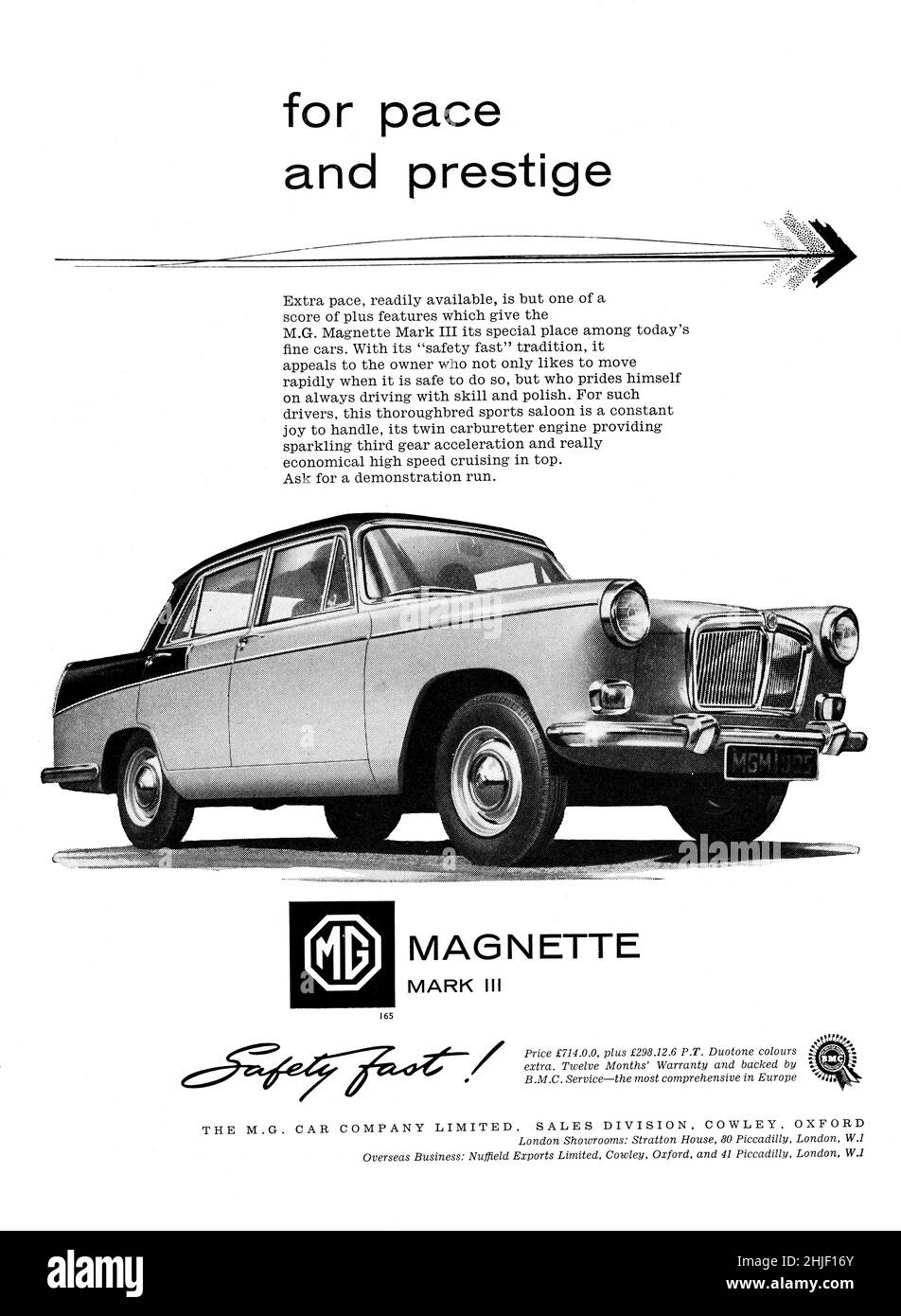 Une publicité vintage pour la VOITURE MG Magnette de Motor Sport Magazine, 1959 Banque D'Images