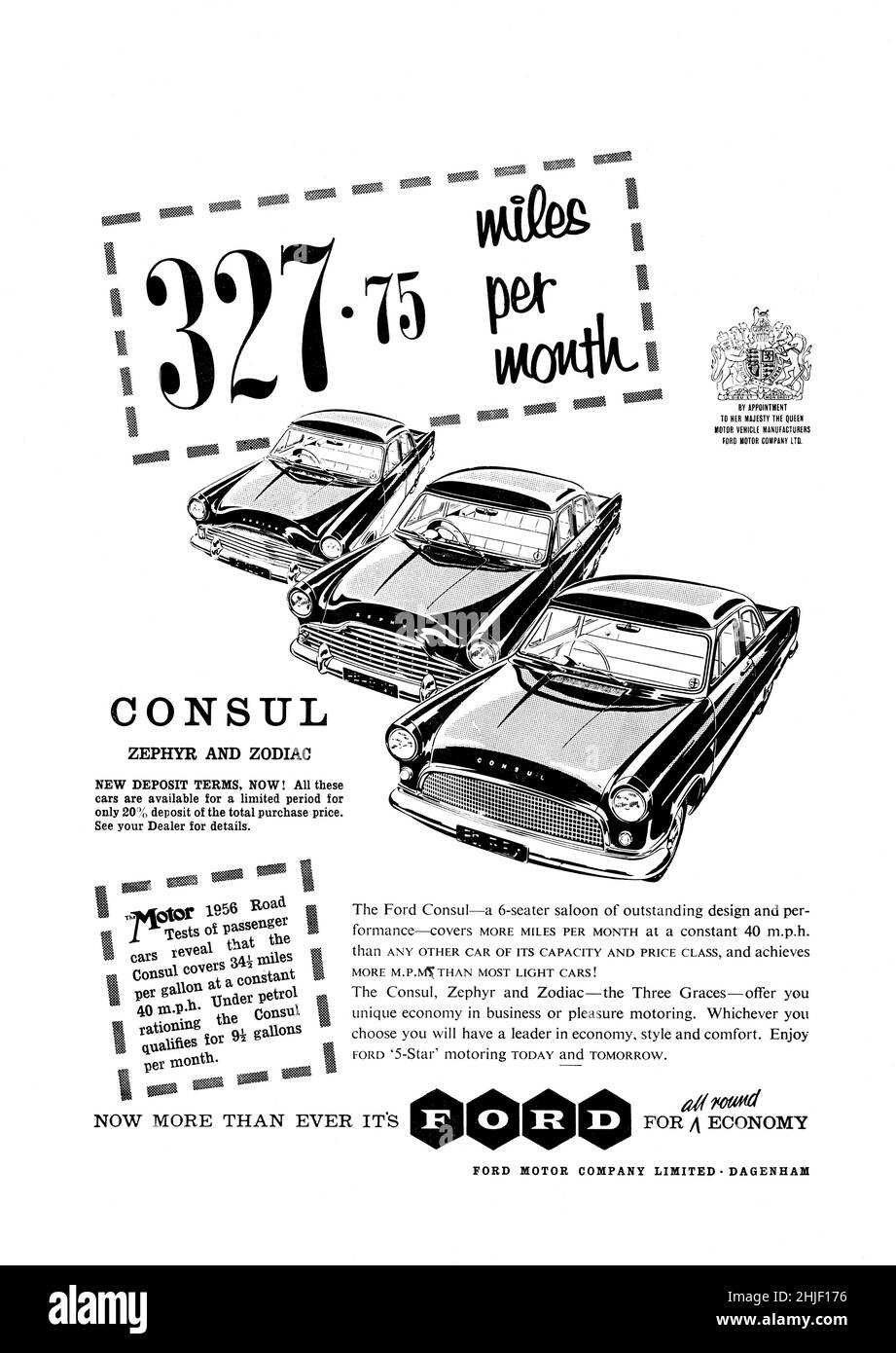 Une publicité vintage pour le consul Ford, voitures Zephyr & Zodiac de Motor Sport Magazine, 1957 Banque D'Images