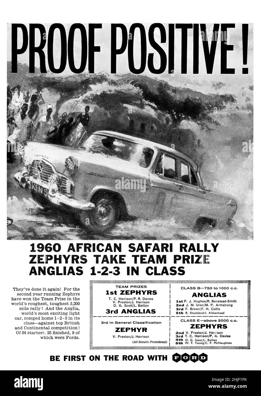 Une publicité vintage pour la voiture de rallye gagnante Ford Zephyr de Motor Sport Magazine, 1960 Banque D'Images