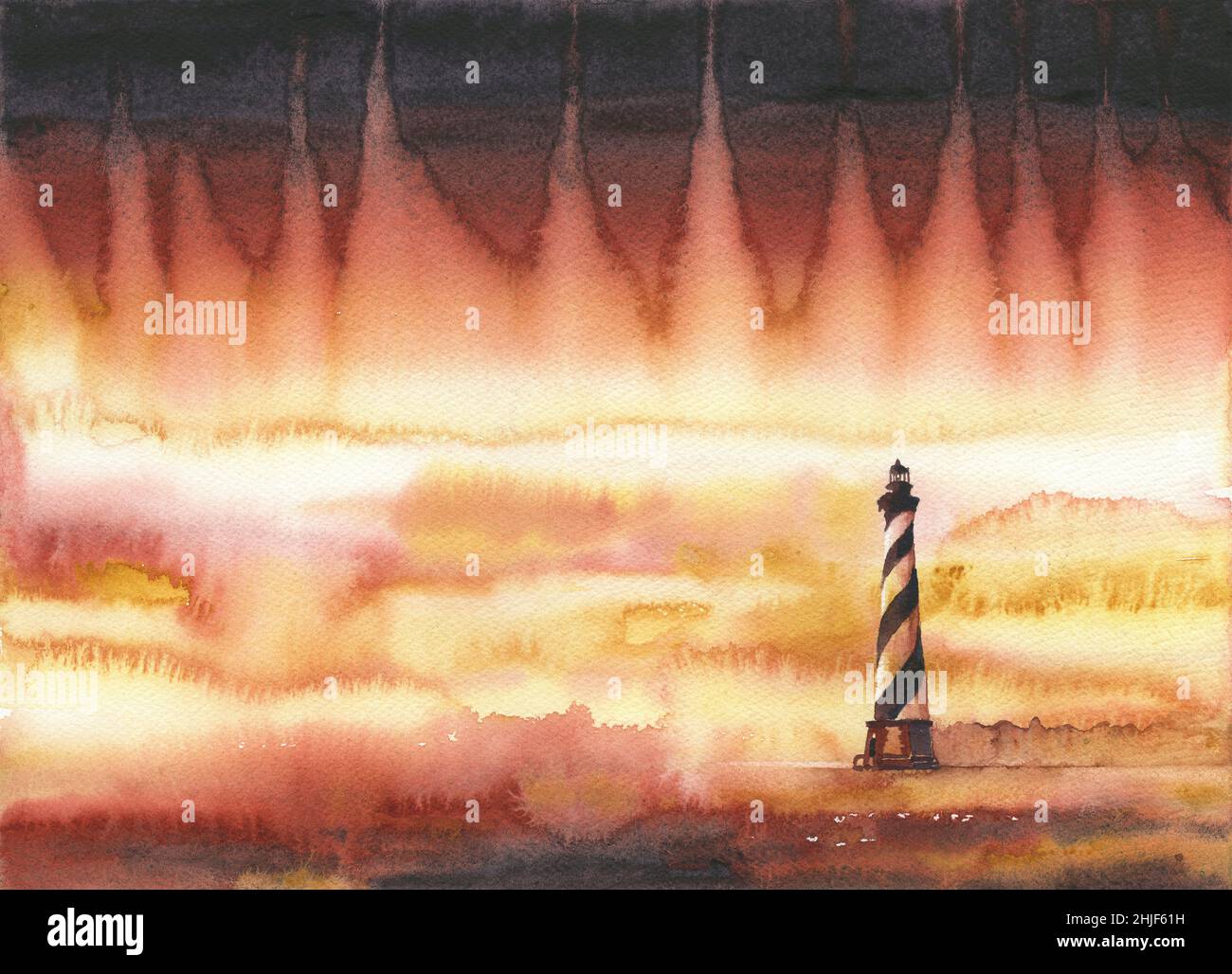 Phare de Cape Hatteras sur les rives extérieures, Caroline du Nord.Aquarelle peinture Cape Hatteras Lighthouse, OBX.Phare de Caroline du Nord Banque D'Images