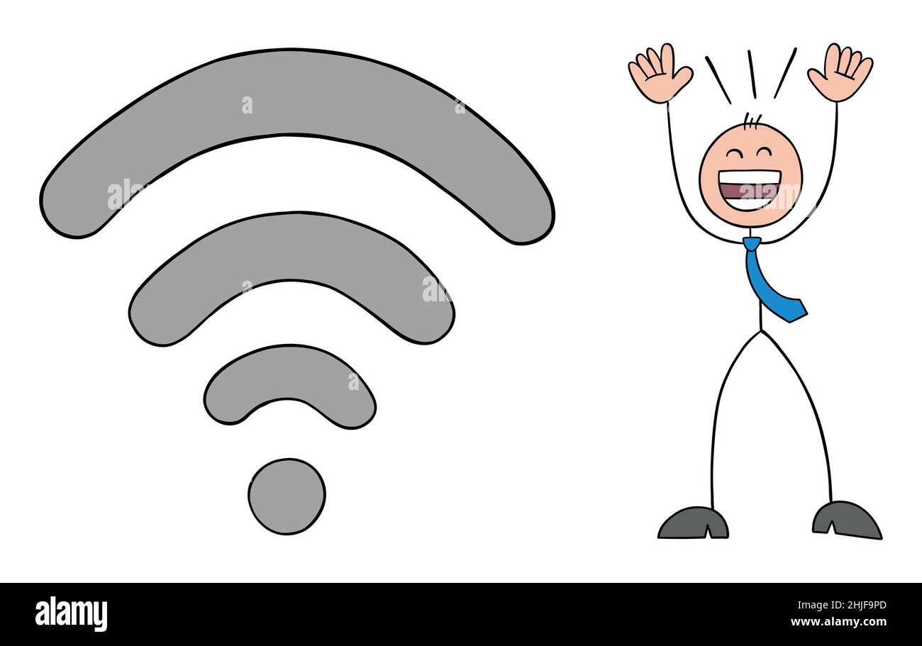 Stickman homme d'affaires est très heureux avec le signal WiFi fort.Illustration vectorielle dessinée à la main. Illustration de Vecteur