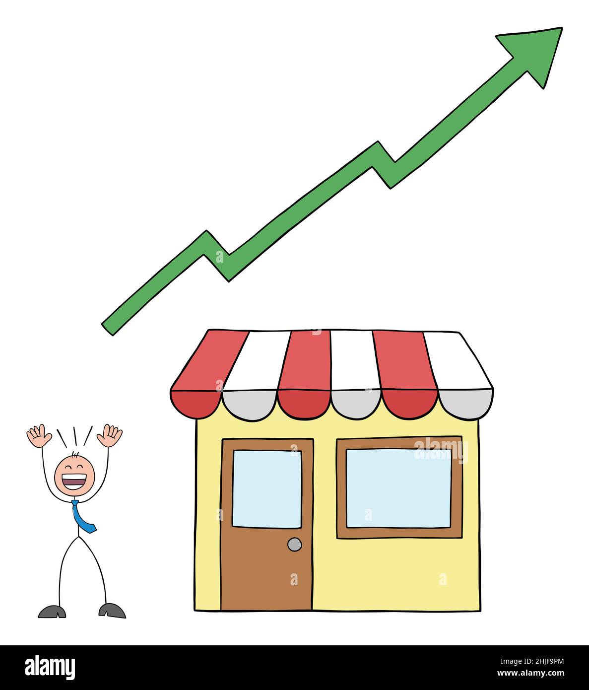 Stickman homme d'affaires est très heureux au sujet de l'augmentation dans le tableau des ventes de la boutique.Illustration vectorielle dessinée à la main. Illustration de Vecteur