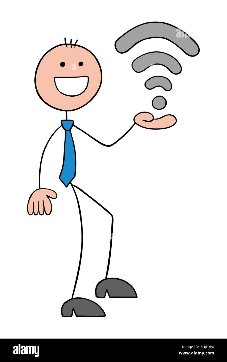 Homme d'affaires stickman portant le symbole Wi-Fi et sans fil.Illustration vectorielle dessinée à la main. Illustration de Vecteur