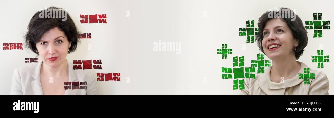 Comparaison des points positifs et négatifs.Femmes d'affaires avec différentes expressions du visage entourées de signes plus et moins avec l'espace de copie pour vous Banque D'Images