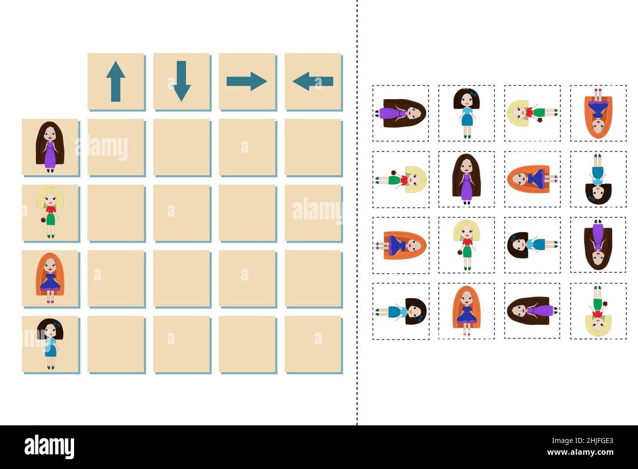 Alignez les directions des poupées de jouets.Jeu éducatif pour enfants, feuille de travail pour les activités avec enfants, illustration vectorielle Banque D'Images