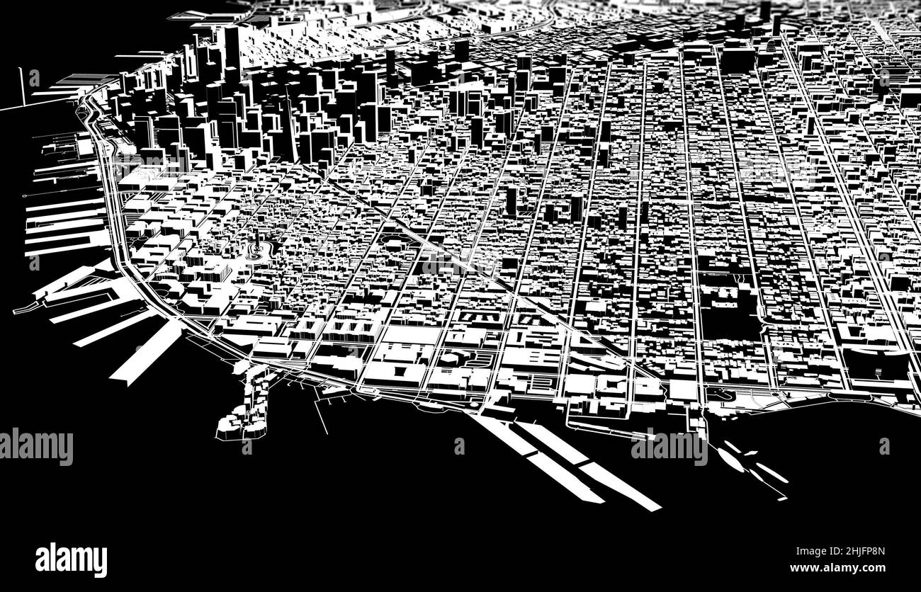 Vue satellite de San Francisco, plan de la ville avec maison et bâtiment.Silhouette, noir et blanc.Gratte-ciel.États-Unis.3d rendu Banque D'Images