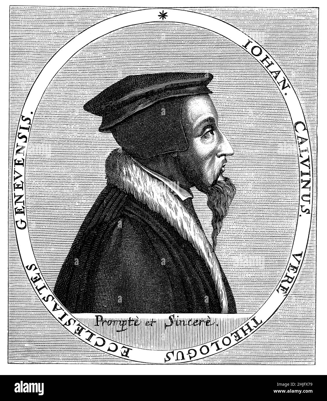 Portrait de John Calvin (1509 - 1564) théologien, pasteur et réformateur français à Genève pendant la réforme protestante, il développe son travail théologique plus tard appelé Calvinisme Banque D'Images