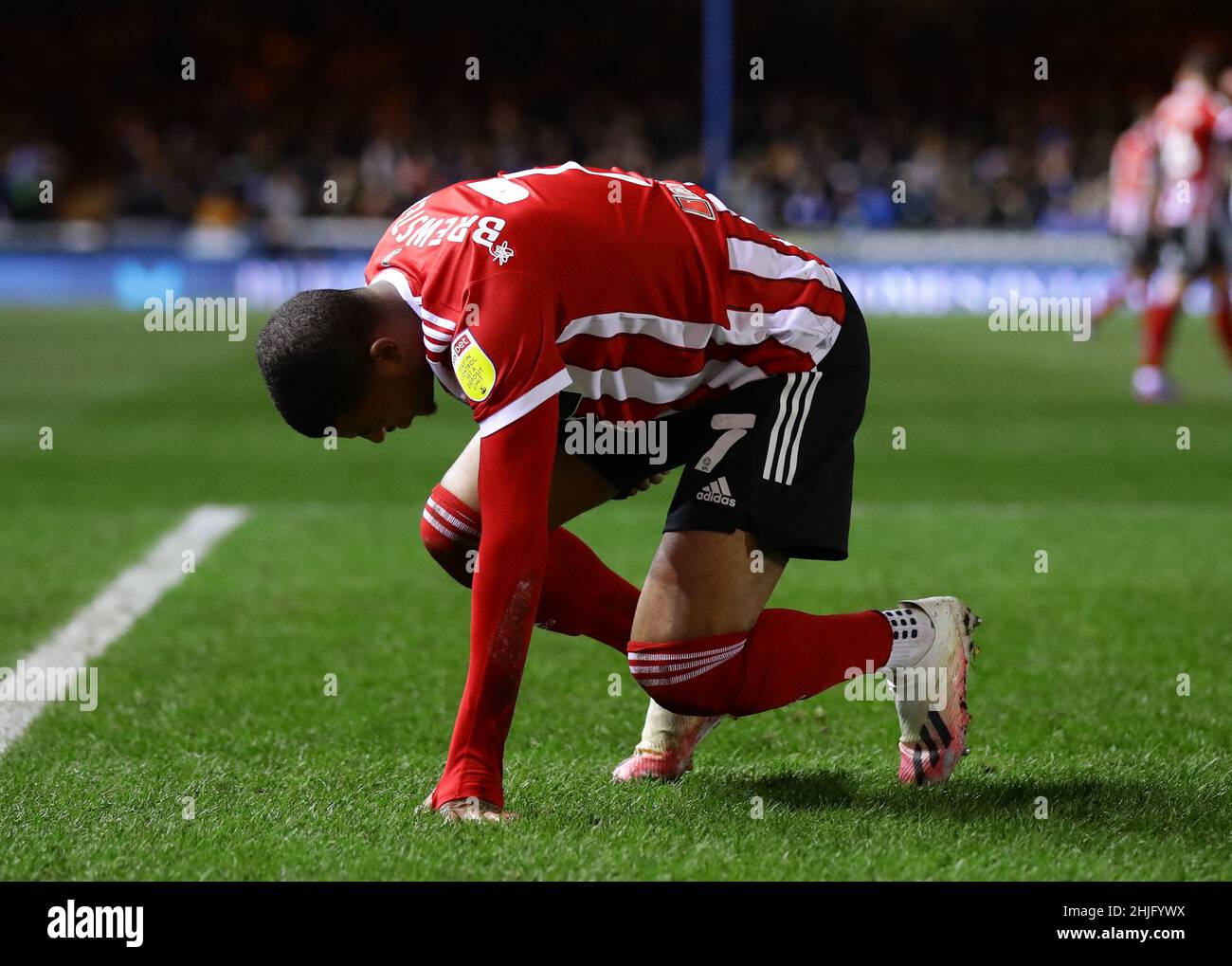 Peterborough, Angleterre, le 29th janvier 2022.Abattu Rhian Brewster de Sheffield Utd laisse le jeu blessé lors du match du championnat Sky Bet à London Road, Peterborough.Le crédit photo devrait se lire: David Klein / Sportimage crédit: Sportimage / Alay Live News Banque D'Images