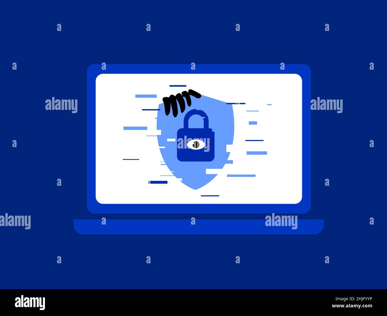 La cyber-sécurité attaquée par des pirates entraîne des problèmes de sécurité, illustration de la cyber-confidentialité dans un style démorope Illustration de Vecteur