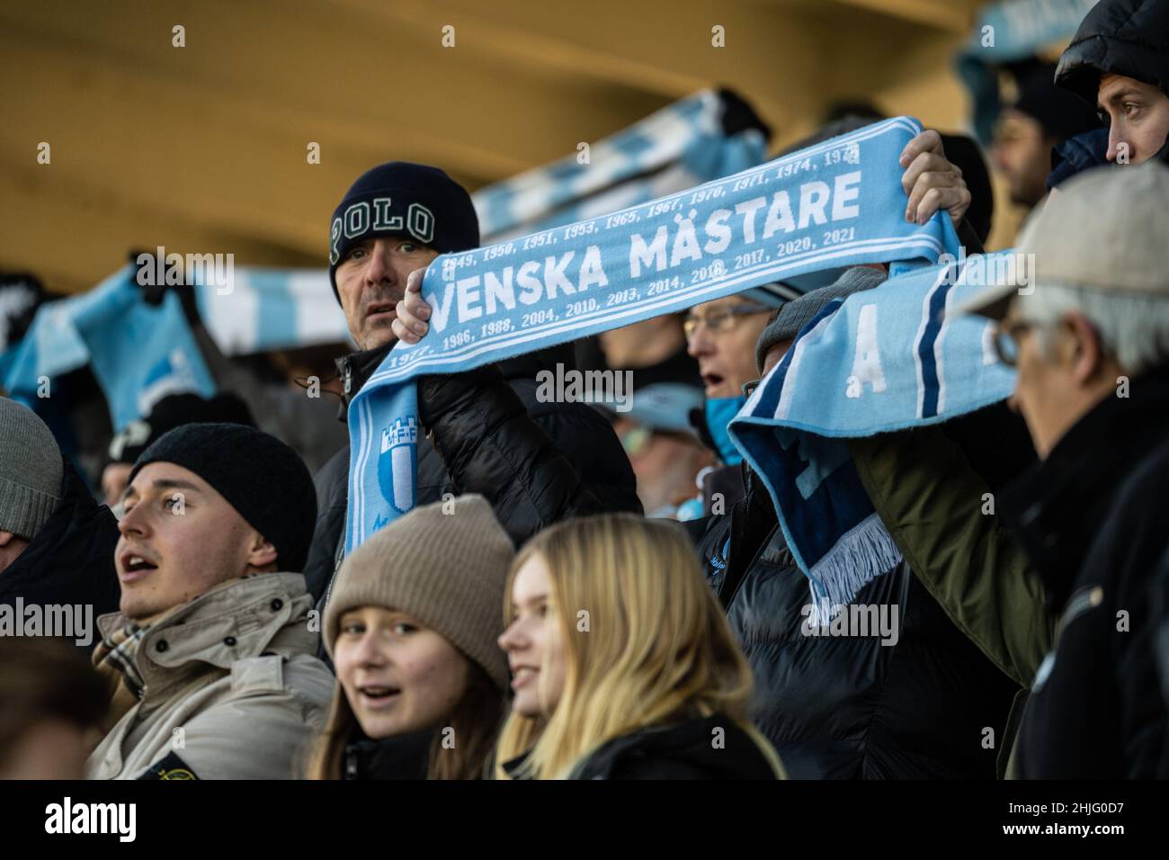 Malmoe, Suède.28th janvier 2022.Les fans de football de Malmoe FF vus sur les stands lors d'un match d'essai entre Malmoe FF et Jammerbugt FC à Malmoe Idrottsplats à Malmoe.(Crédit photo : Gonzales photo/Alamy Live News Banque D'Images