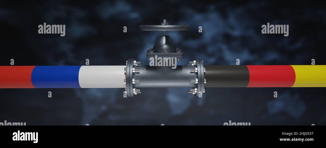 Nord stream drapeau russe et allemand sur le tuyau avec roue de valve, flou de fond de carte du monde.3d rendu Banque D'Images