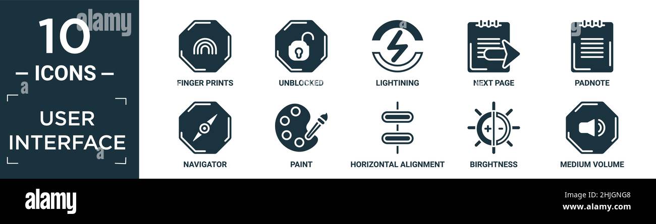jeu d'icônes d'interface utilisateur rempli. contient des empreintes de doigts plates, débloqués, lumineux, page suivante, paddle,navigateur, peinture, alignement horizontal, birghtn Illustration de Vecteur
