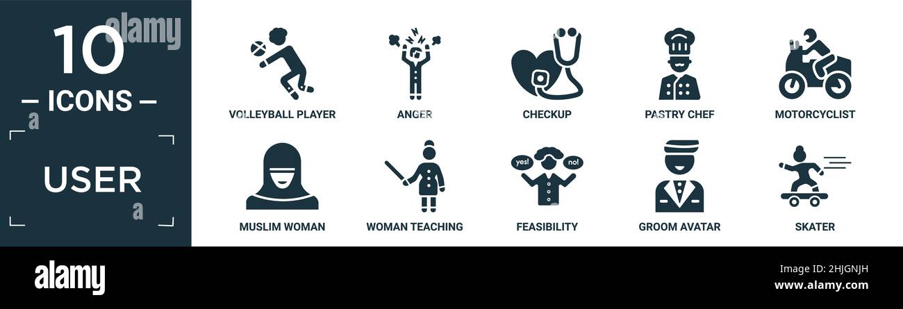 jeu d'icônes d'utilisateur rempli. contient joueur de volley-ball plat, colère, check up, chef pâtissier, motocycliste,femme musulmane, femme enseignant, faisabilité, marié avat Illustration de Vecteur
