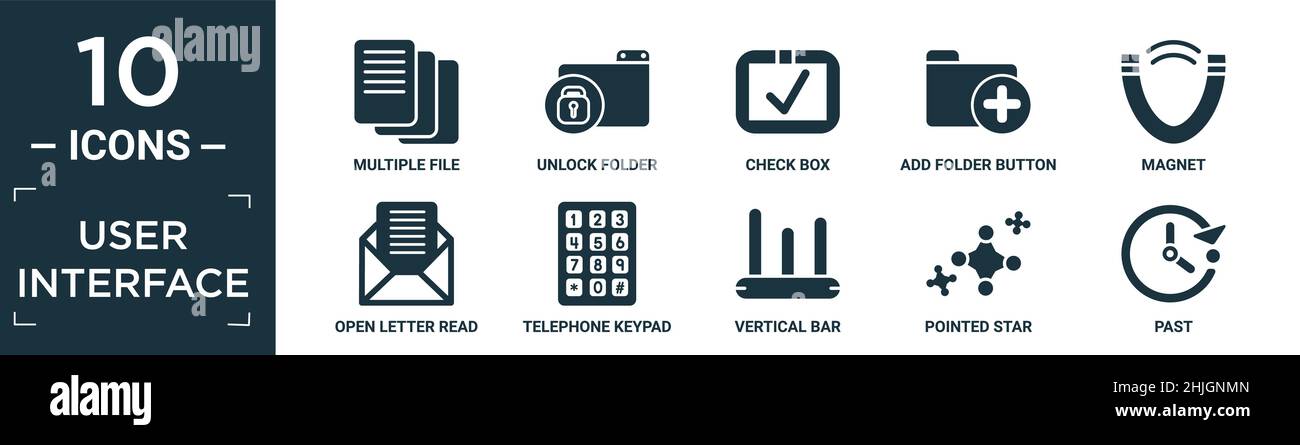 ensemble d'icônes d'interface utilisateur rempli. contient plusieurs fichiers plats, déverrouiller le dossier, case à cocher, bouton ajouter dossier, aimant,courrier électronique de lecture de lettre ouverte, touche de téléphone Illustration de Vecteur