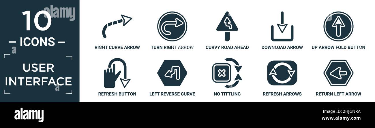ensemble d'icônes d'interface utilisateur rempli. contient une flèche plate courbe droite, une flèche virage à droite, une route sinueuse devant, une flèche de téléchargement, un bouton de pliage vers le haut,bouton actualiser, le Illustration de Vecteur