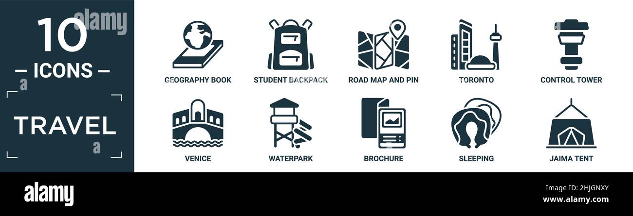 ensemble d'icônes de voyage. contient un livre de géographie plat, un sac à dos pour les étudiants, une carte routière et un épinglette, toronto, tour de contrôle, venise, parc aquatique,brochure, dormir Illustration de Vecteur