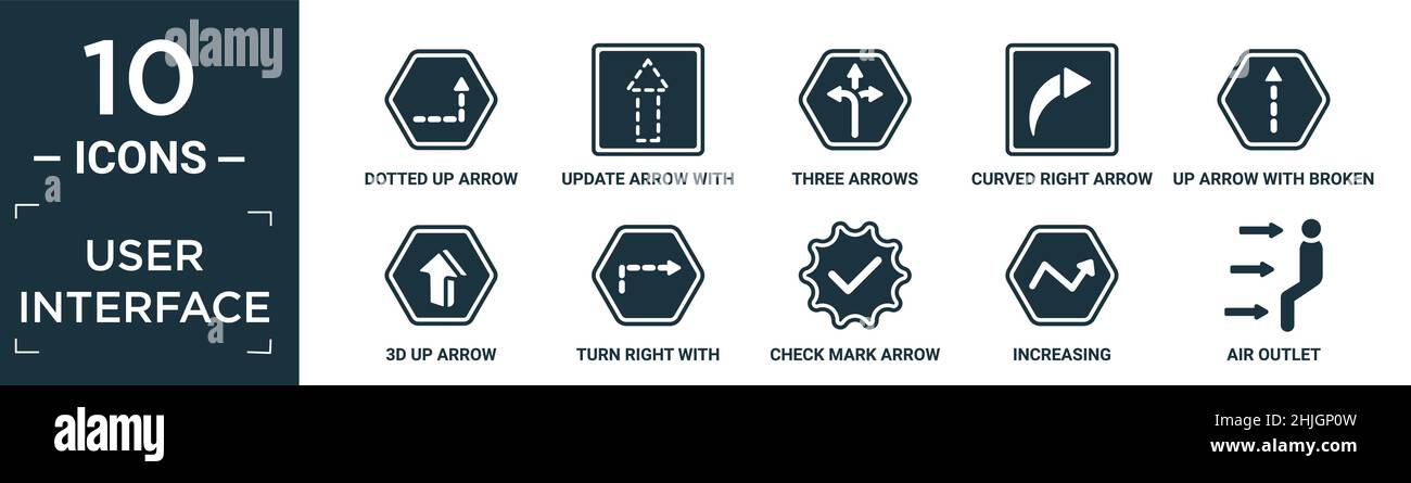 jeu d'icônes d'interface utilisateur rempli. contient une flèche plate en pointillés vers le haut, une flèche de mise à jour avec une ligne brisée, trois flèches, une flèche courbe vers la droite, une flèche vers le haut avec des lignes interrompues, 3 Illustration de Vecteur